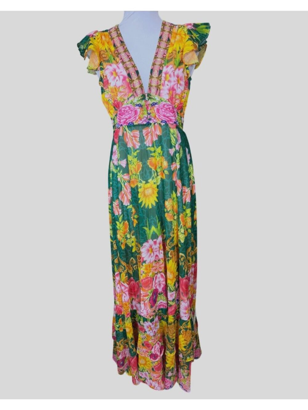 Dalia MacPhee Multicolor Floral Flutter Sleeve Empire Waist Maxi Dress S NWT